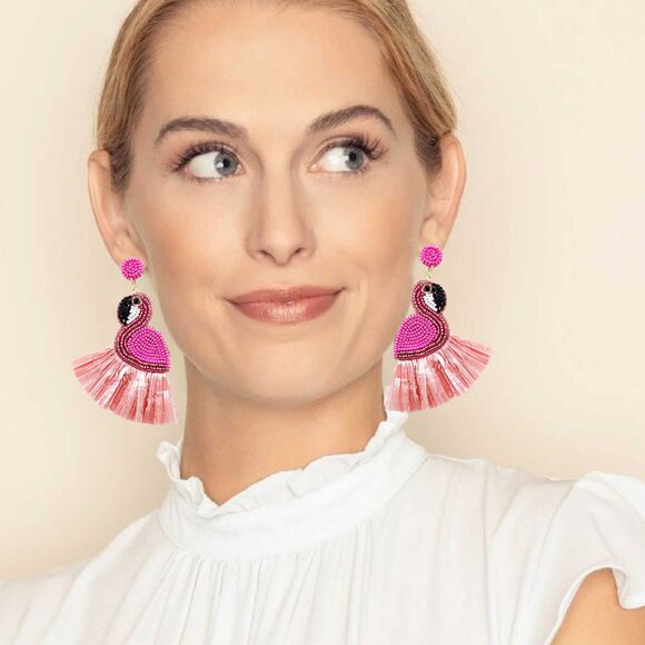 Pink Flamingo Bead Raffia Fringe Tropical Bird Beach Statement Earrings - Picture 1 of 3